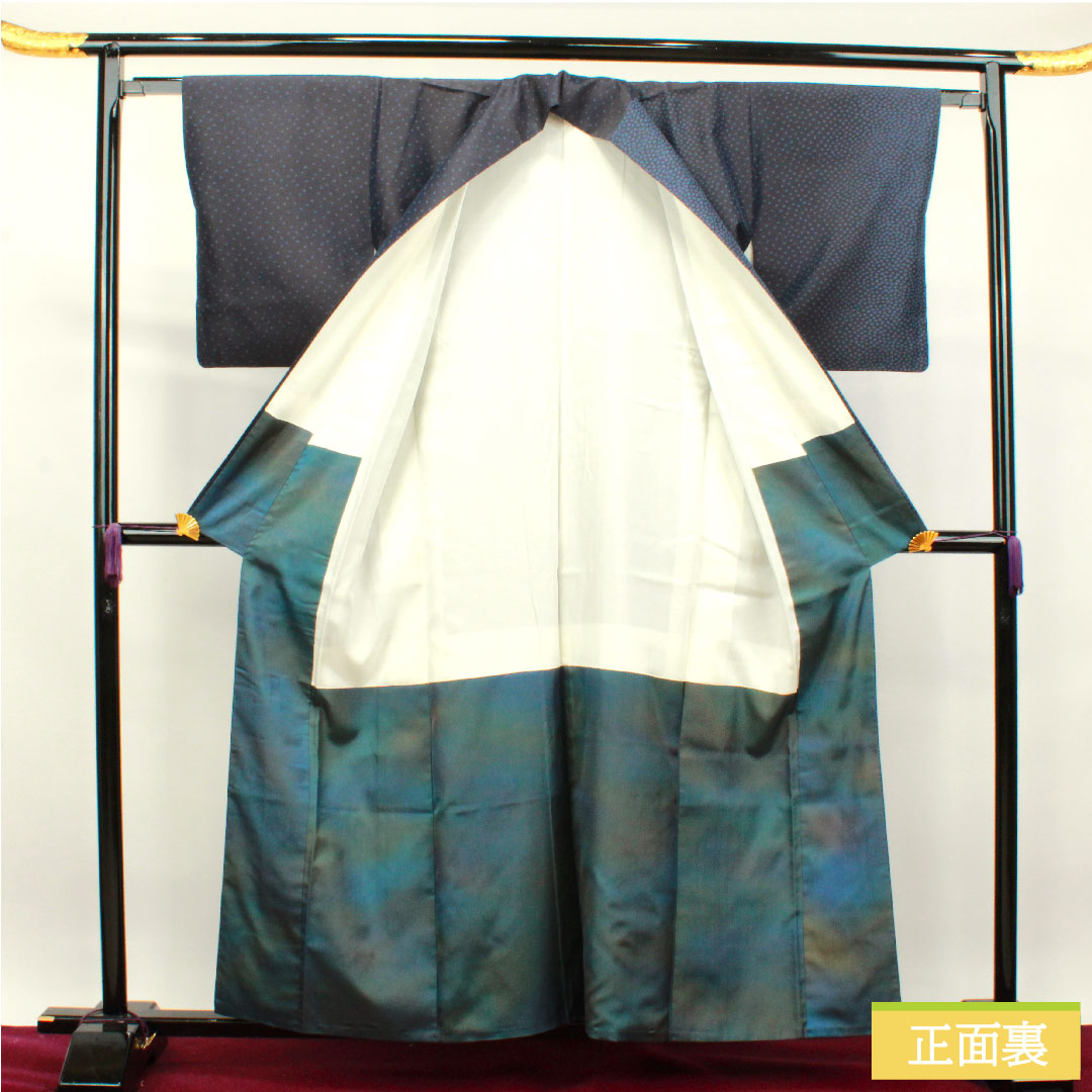 Silk kimono, length 157.5cm, sleeve length 61.5cm, Hishiya Rokuemon, Kazetsu kimono, flower petal pattern, S rank, lined, navy blue, 1116003072318