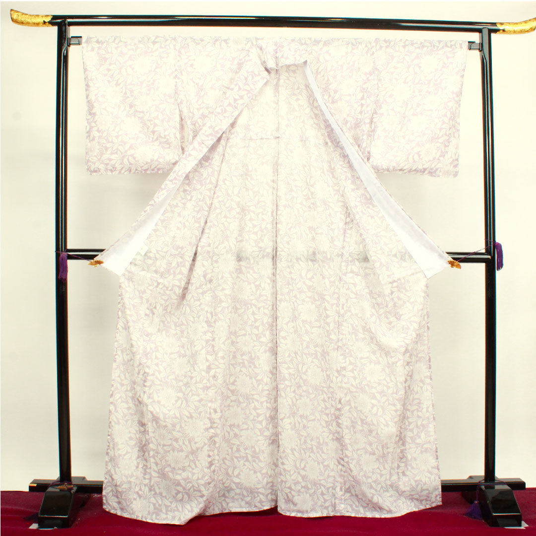 Summer kimono, polyester, small pattern, length 169cm, sleeve length 67.5cm, ash cherry color, daisy, with basting thread, washable kimono, gauze, S rank, purple, 1132000462520
