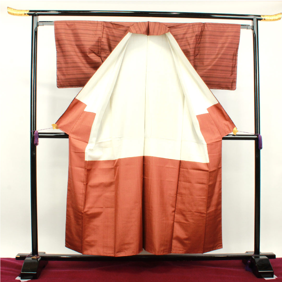 紬 正絹 身丈155.5cm 裄丈62.5cm  横段 Aランク 袷 茶系 1116002793314