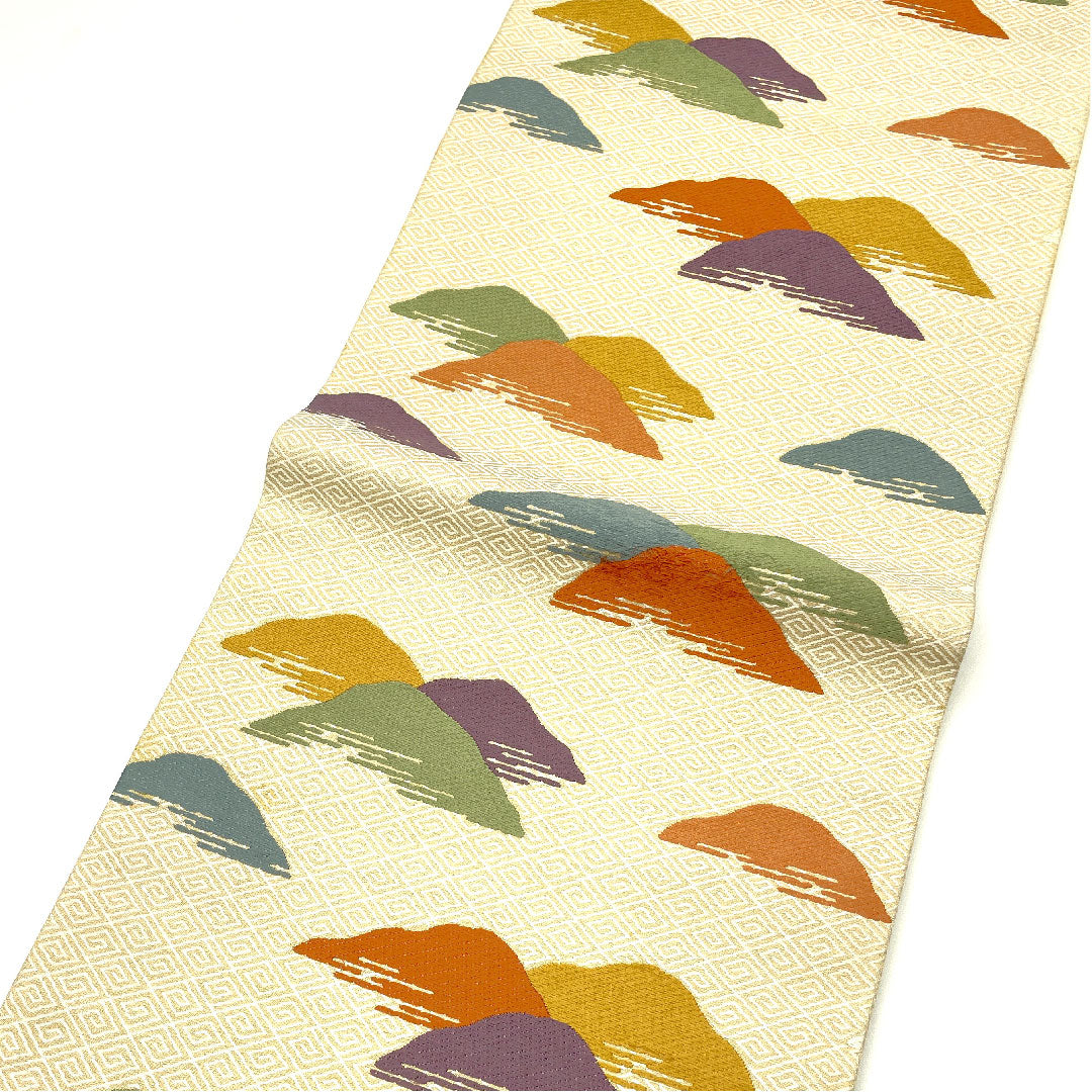 Nagoya obi, Living National Treasure Kitagawa Heiro, Honkaraori, Toyama pattern, obi length 369cm, pure silk, B rank, six-pass, casual, cream color, 1124001314315, open tailoring