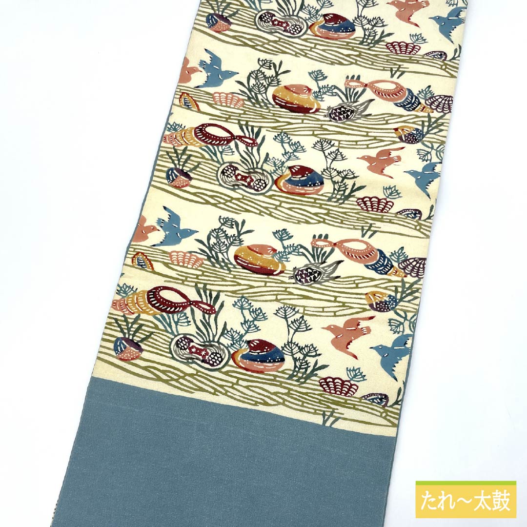 名古屋帯 生成り色（きなりいろ） 京紅型 鳥 紅型調模様 帯丈336cm 正絹 Aランク 六通 カジュアル クリーム系 1124007133315 開き仕立て