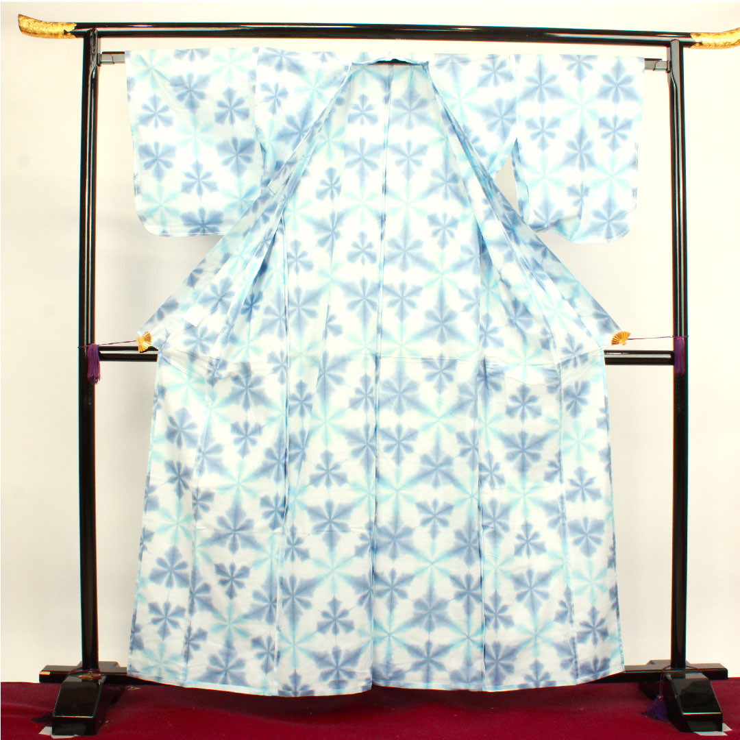 (New, unused item) Yukata, Yukihana Shibori, with basting thread, unused item, abstract pattern, board-tied shibori, cotton, new rank, single layer, length 162cm, sleeve length 65cm, blue, 1118003921417