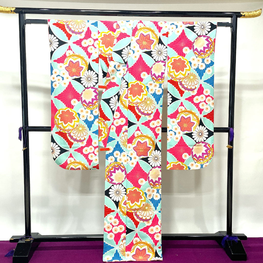 振袖 身丈170.5cm 裄丈70cm 袷  薄水色 洗える着物 鞠 七宝  ポリ Sランク 青系 1113001172617
