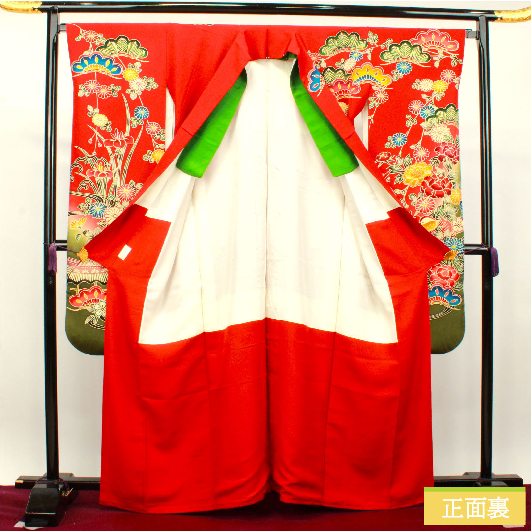 Furisode, pure silk, length 163cm, sleeve length 66.5cm, lined, scarlet, Kyoto Bingata, auspicious motif, S rank, red, 1113001852412