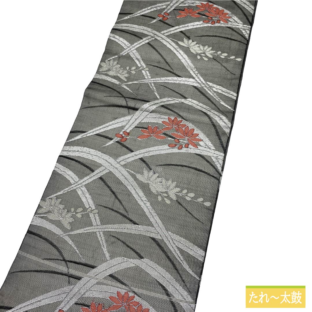 名古屋帯 正絹 Aランク 開き仕立て 黒色（くろいろ） 夏帯 草花模様 帯丈353cm 六通 セミフォーマル 黒系 1124012933310