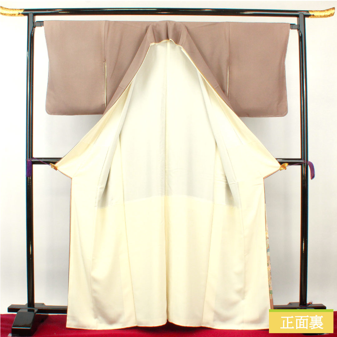 色留袖 正絹 身丈165cm 裄丈66cm 袷 梅鼠色（うめねずいろ） 本加賀友禅 柿本市郎 草花模様 三つ紋 丸に三ツ割木瓜 Bランク 三つ紋 紫系 1111001314520