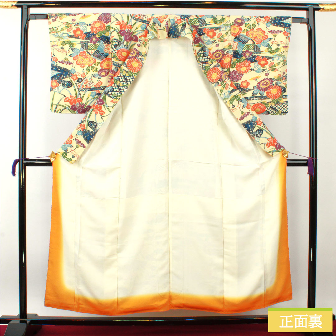 Komon, pure silk, length 155cm, sleeve length 62.5cm, lined, light yellow, Kyoto Bingata, pongee fabric, floral pattern, S rank, cream, 1115004352315