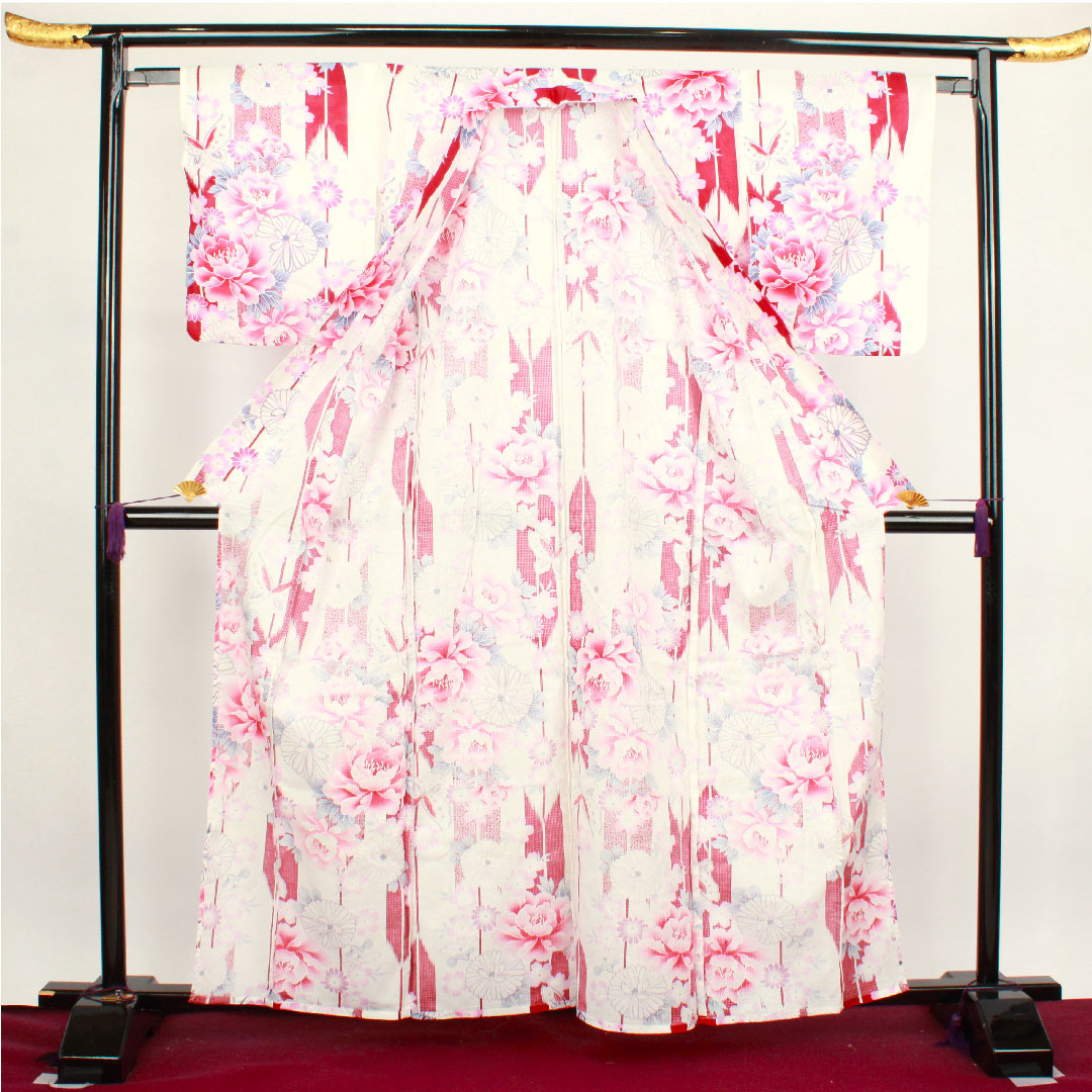 Yukata, floral pattern, cotton, S rank, single layer, length 161.5cm, sleeve length 65.5cm, white, 1118001472411