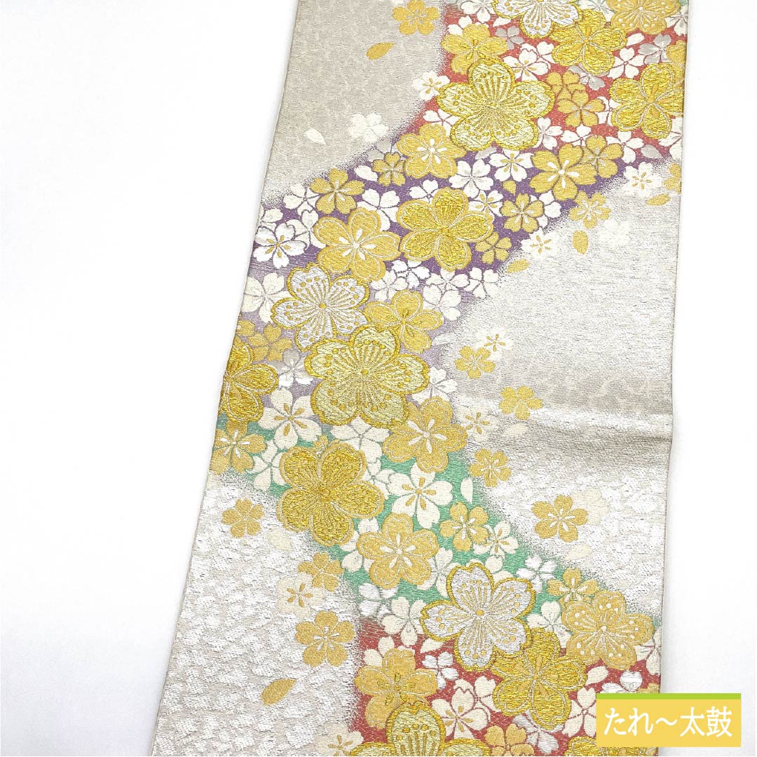 Fukuro Obi (Sash) - Pure Silk, Silver-White Color, Cherry Blossoms, Length 450cm, A Rank, Six-Way, Formal, Silver, 1123012133422