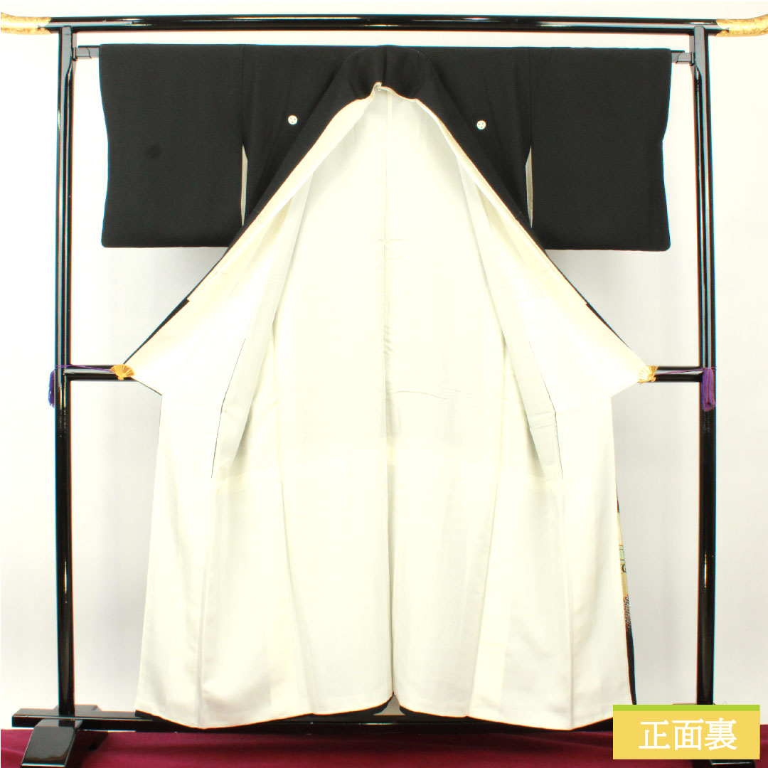黒留袖 正絹 身丈155.5cm 裄丈65.5cm 袷 時代人物模様 流水 金彩加工 比翼仕立て 五つ紋 三ツ割片喰 Sランク 黒系 1111001382310