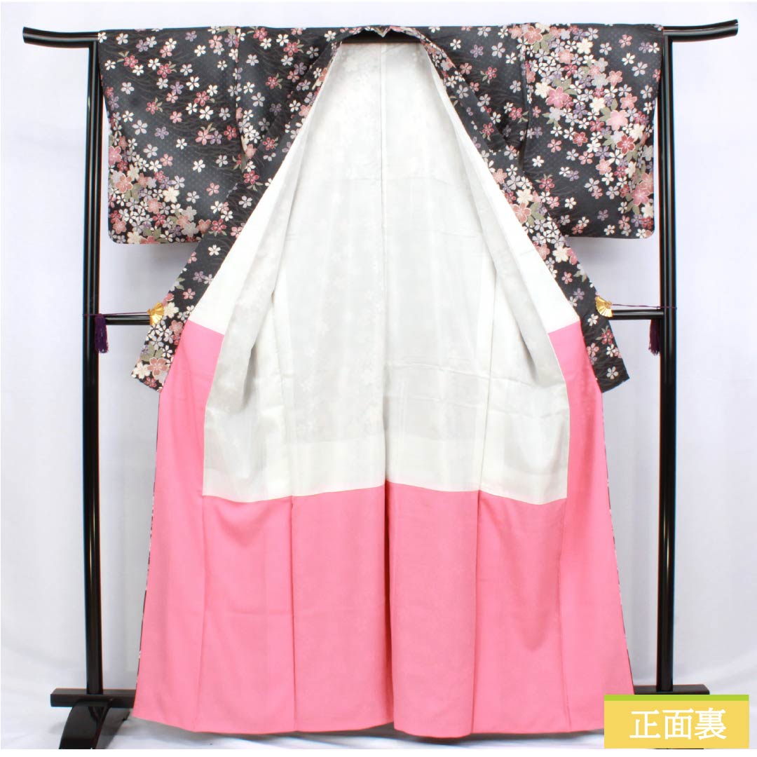 Komon (small pattern) kimono, polyester, length 164.5cm, sleeve length 63.5cm, lined, Noshimeiro (noshime-iro) pattern with dew grass and cherry blossoms, washable, S rank, gray, product number 1115006112422