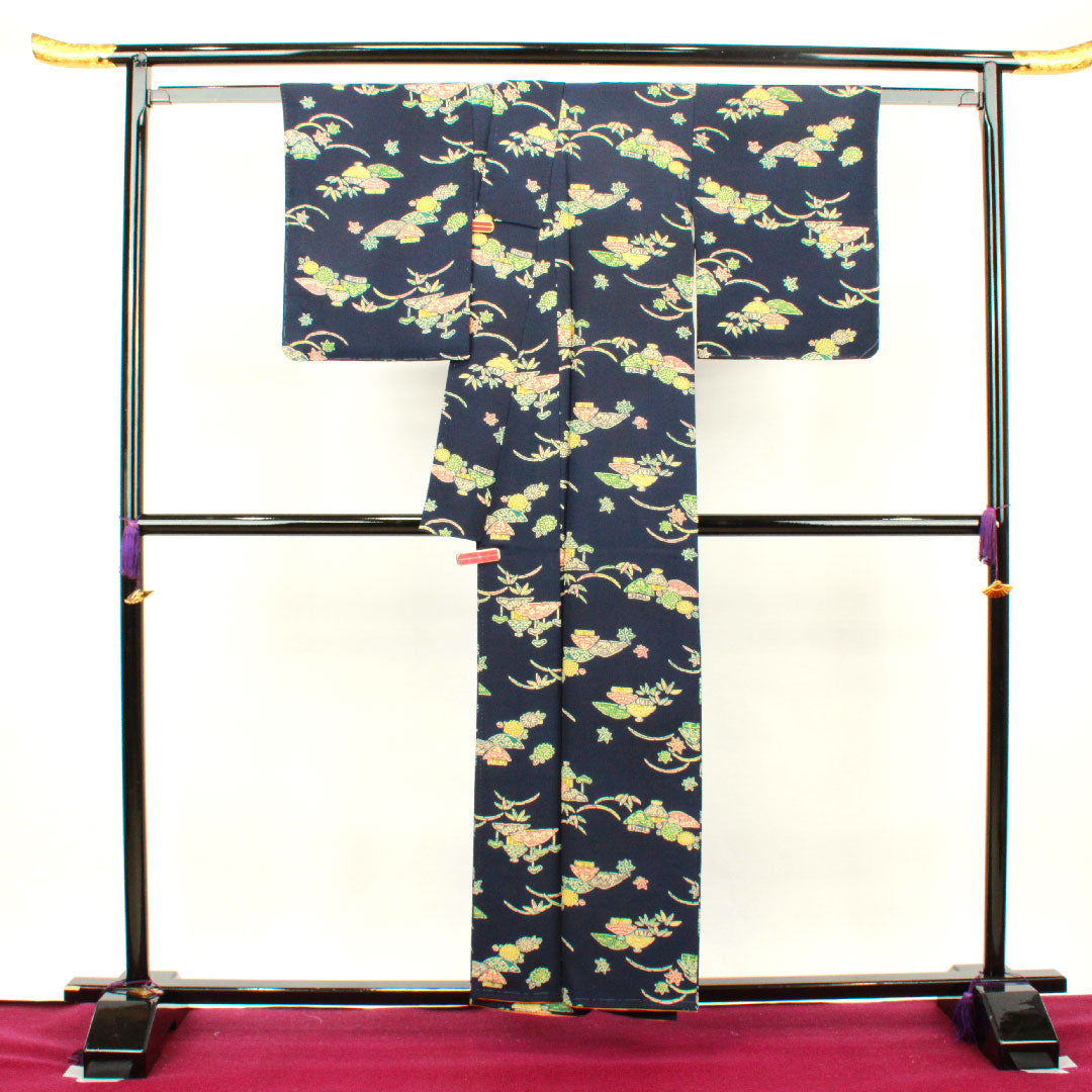 小紋 身丈155cm 裄丈63cm 袷  濃紺色 型染  正絹 Aランク 紺系 1115002983318