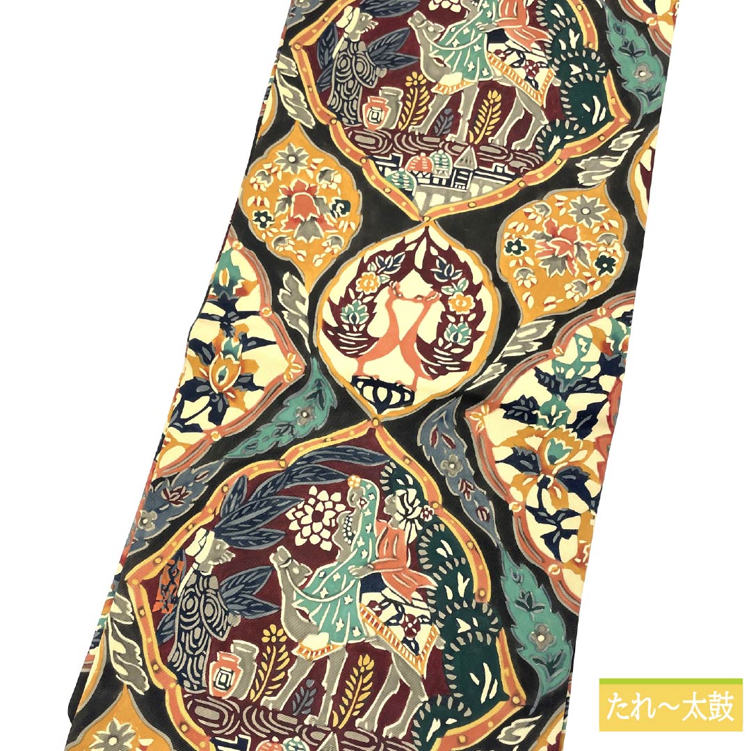 Nagoya obi, stencil-dyed, chintz pattern, obi length 360cm, pure silk, S rank, six-pass, casual, black, 1124006682310, Nagoya-made