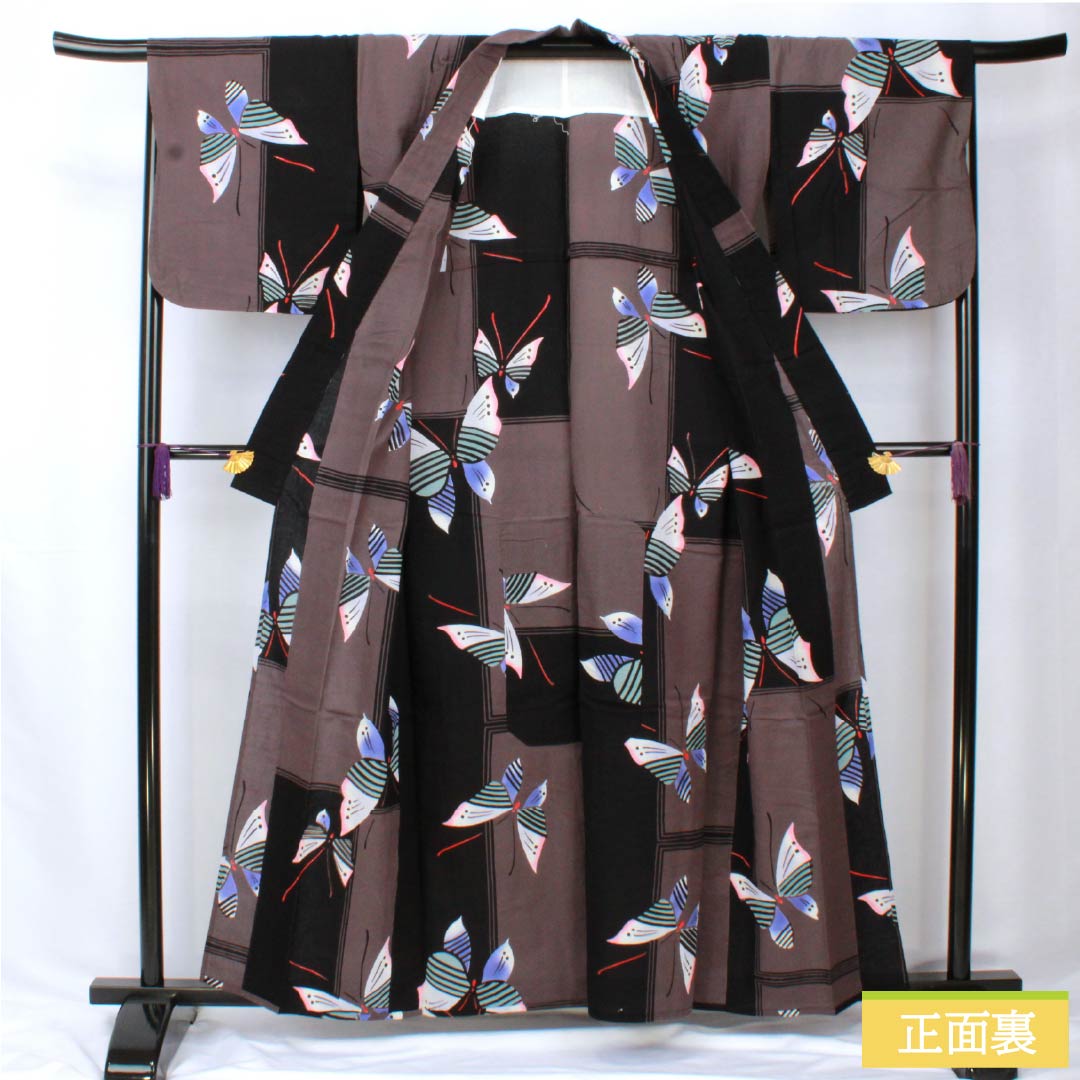 Cotton Yukata, Length 158cm, Sleeve Length 67cm, Rank B, Single Layer, Monotone, Grape Gray, Butterfly Design, 1118005824327
