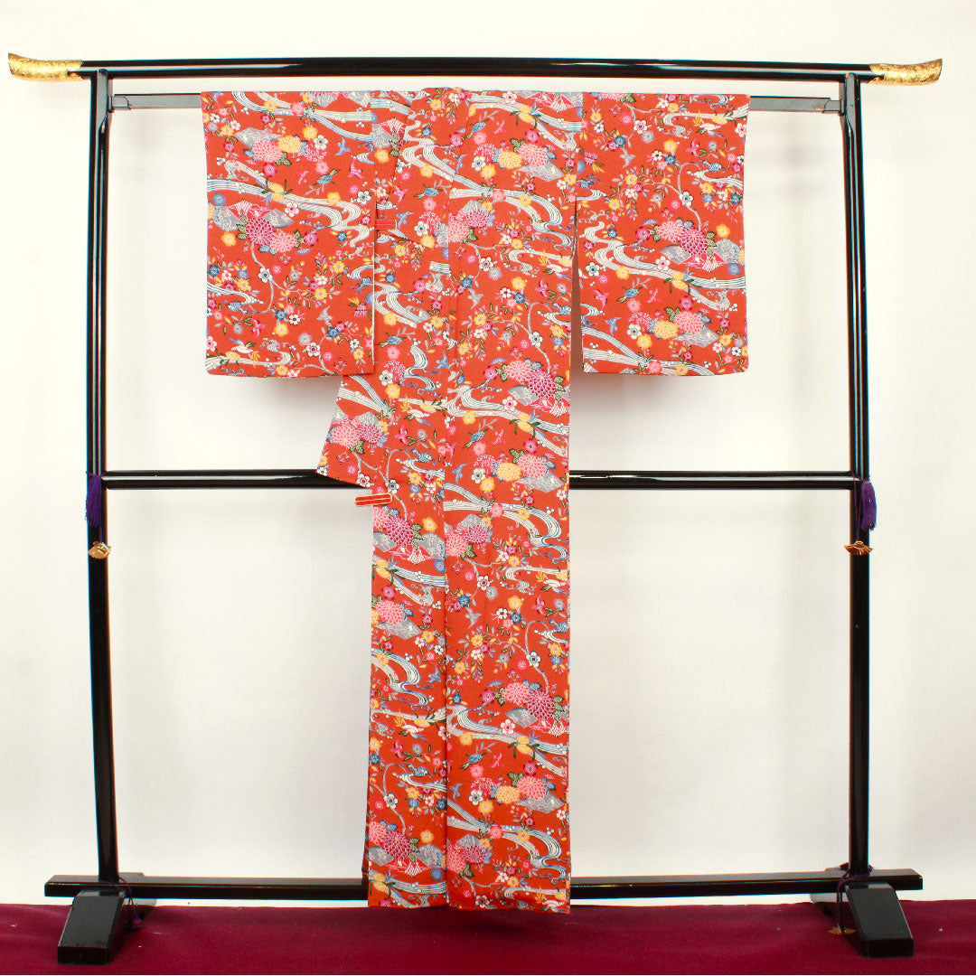 小紋 身丈157.5cm 裄丈64.5cm 袷 赭色 京紅型 草花模様  正絹 Sランク 茶系 1115002462314