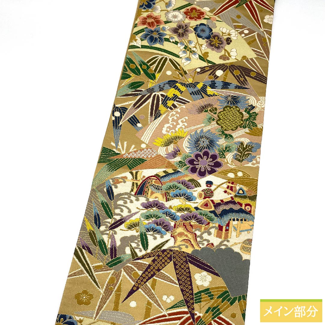 袋帯 胡桃色（くるみいろ） 白綾苑大庭 吉祥文様 松竹梅 帯丈418cm 正絹 Sランク 六通 フォーマル ベージュ系 1123010132325