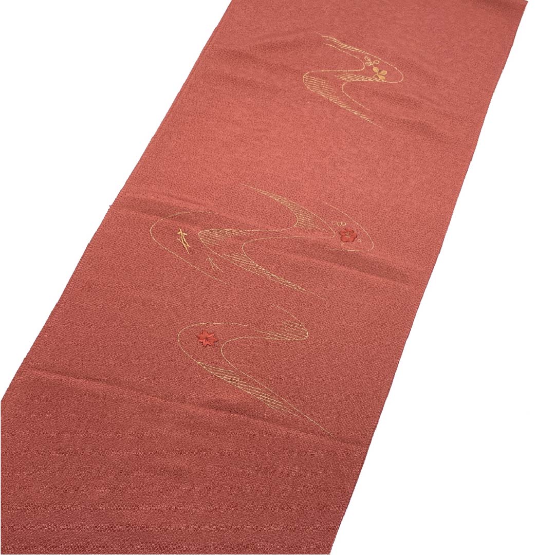 帯揚げ 正絹 セミフォーマル 弁柄色（べんがらいろ） 紅葉 刺繍 古典柄 長さ約170cm 幅約29cm Sランク 茶系 1136000492914