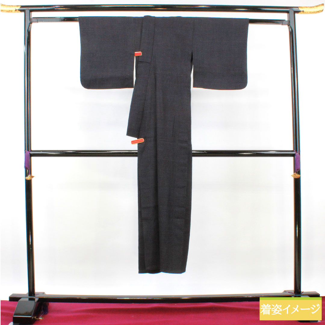 紬 正絹 身丈141cm 裄丈61.5cm  本藍染 十字絣 Sランク 単衣 紺系 1116003182118