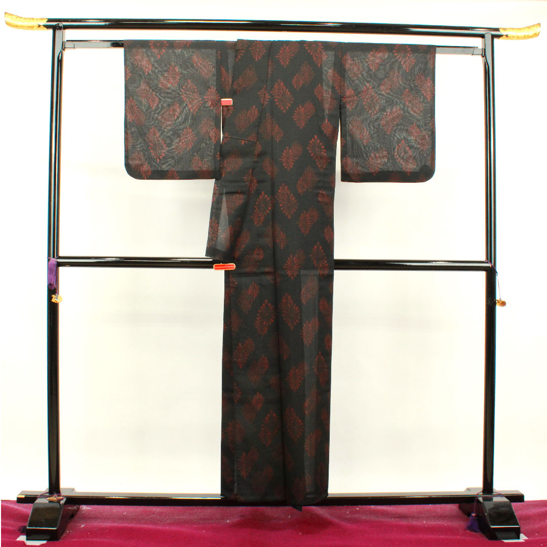 Summer kimono, polyester, pongee, length 154.5cm, sleeve length 64.5cm, Kikubishi, washable kimono, with basting thread, gauze, S rank, black, 1132000922210