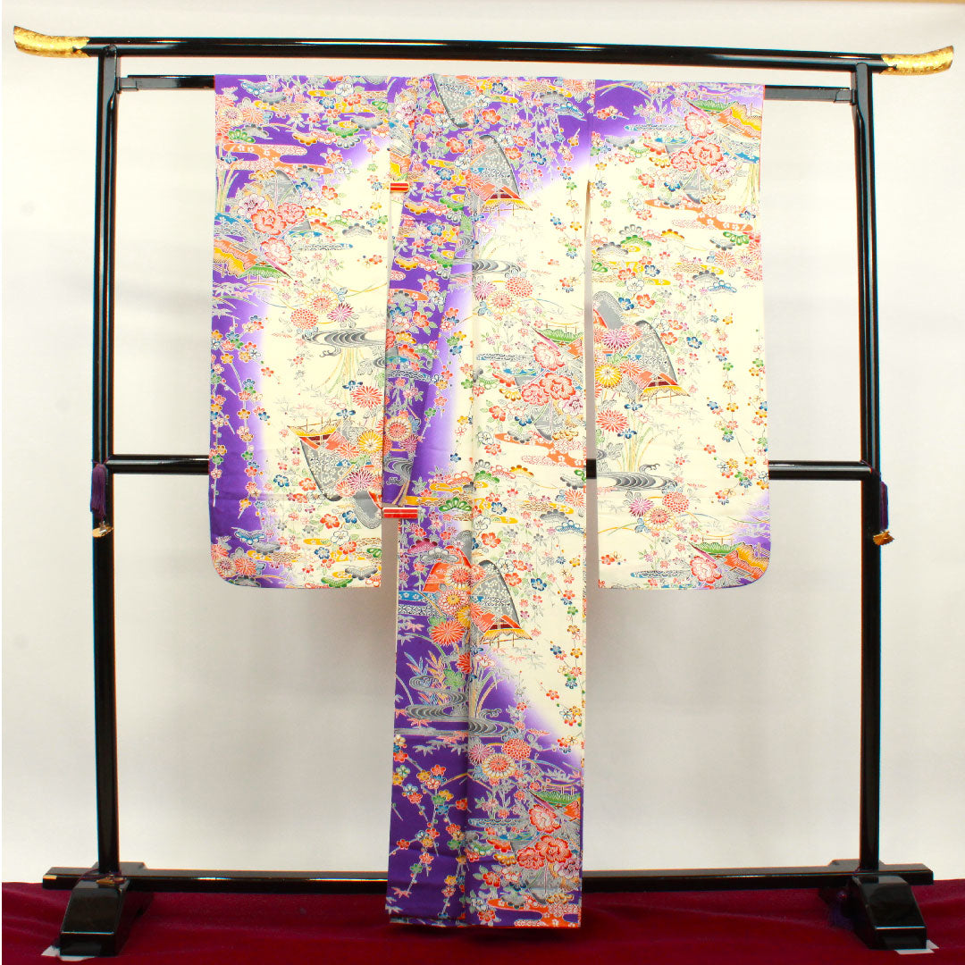 振袖 身丈162cm 裄丈65cm 袷  京紅型 松竹梅 菊 風景模様  正絹 Sランク 白系 1113001632411