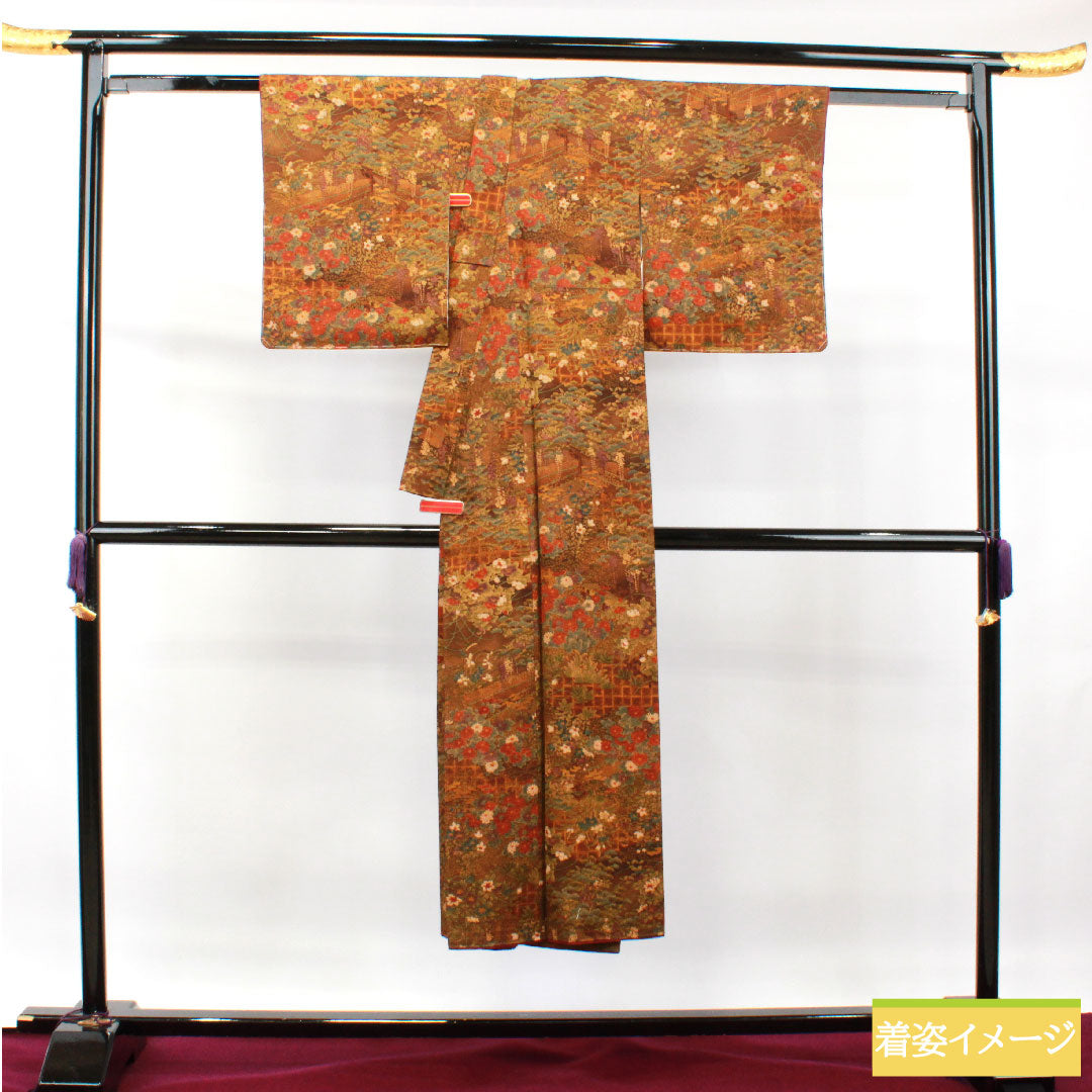 小紋 正絹 身丈140cm 裄丈60.5cm 袷  濃茶色 草花模様 しつけ糸付き 未使用品  Sランク 茶系 1115003732114