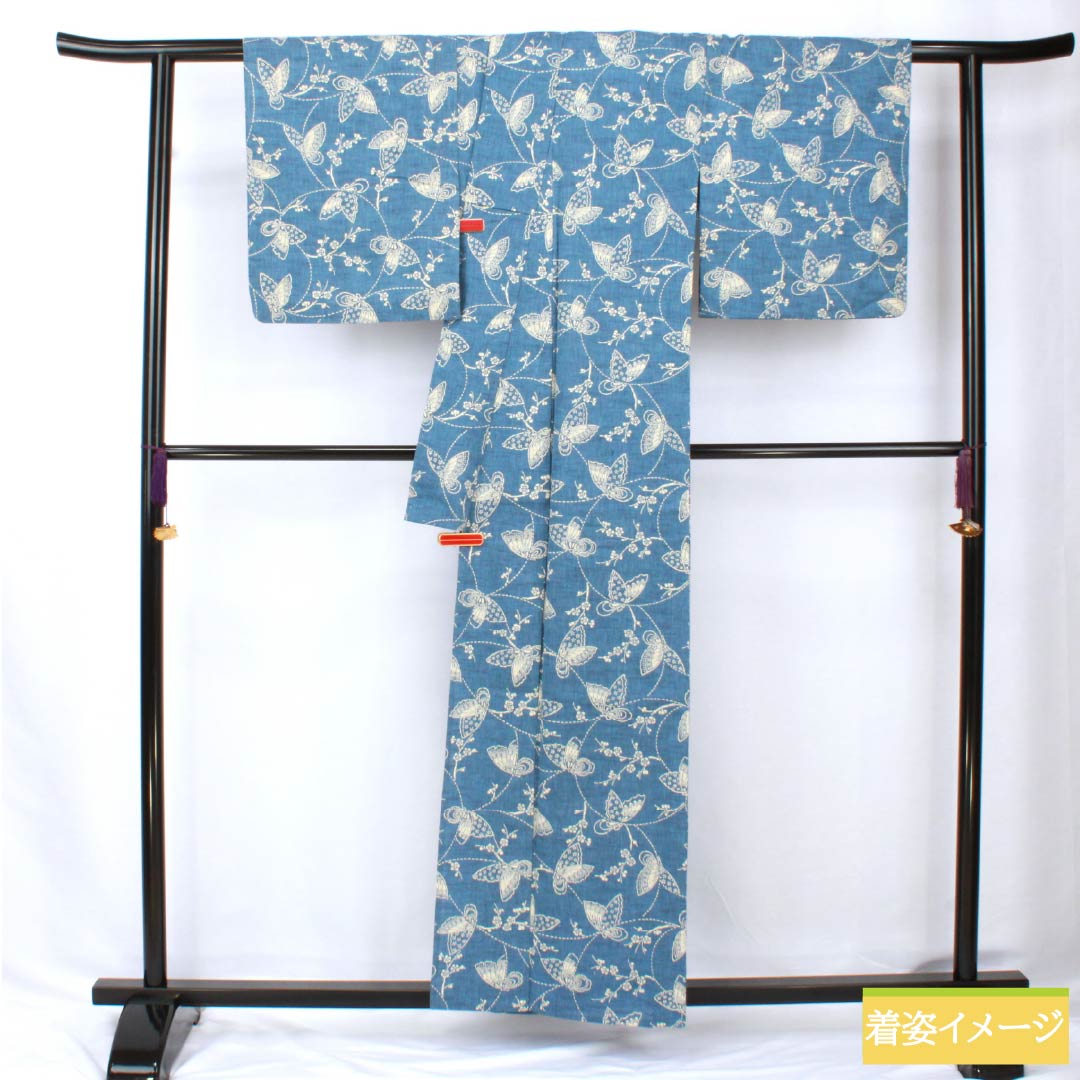 浴衣 木綿 身丈160cm 裄丈66cm Sランク 単衣 青系 青黛色（せいたいいろ） 梅 蝶 1118005882417