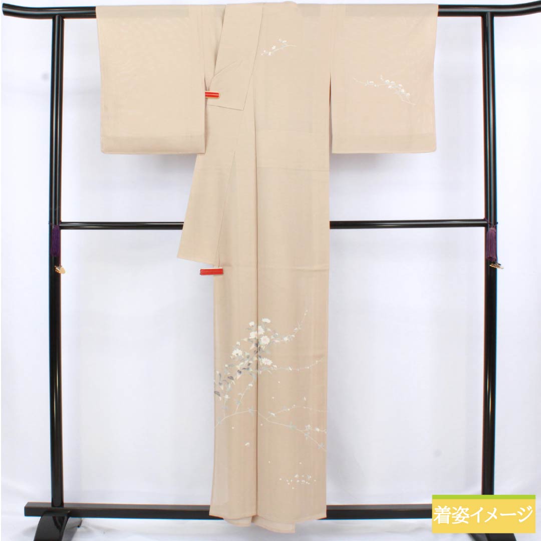 夏物 正絹 付下げ 身丈157cm 裄丈63cm 薄香色（うすこういろ） 草花模様 京友禅 絽 Sランク ベージュ系 1132002752325