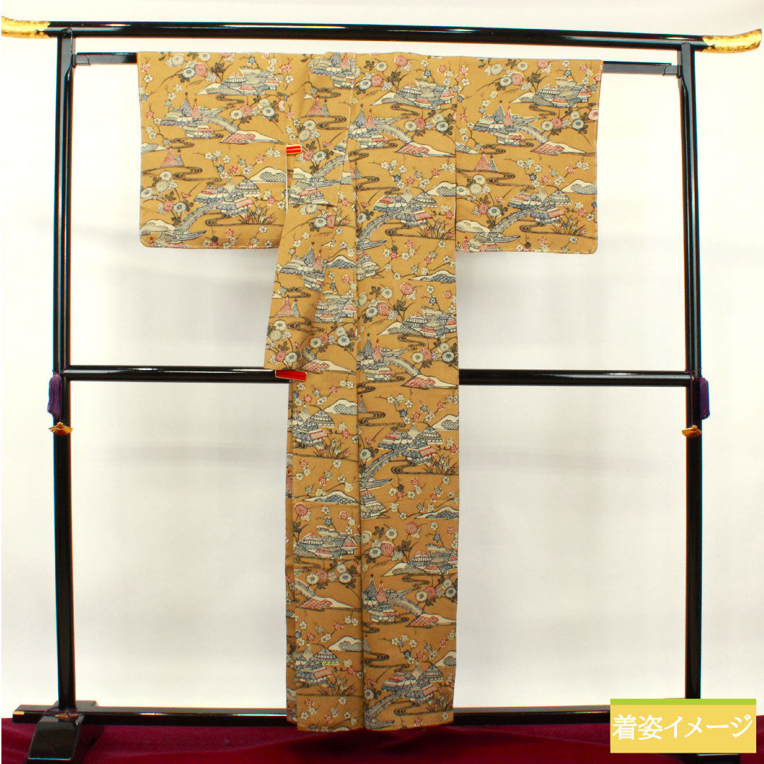小紋 正絹 身丈154.5cm 裄丈67cm 袷  猟虎色 京紅型 茶屋辻 しつけ糸付き  Sランク 茶系 1115003702214