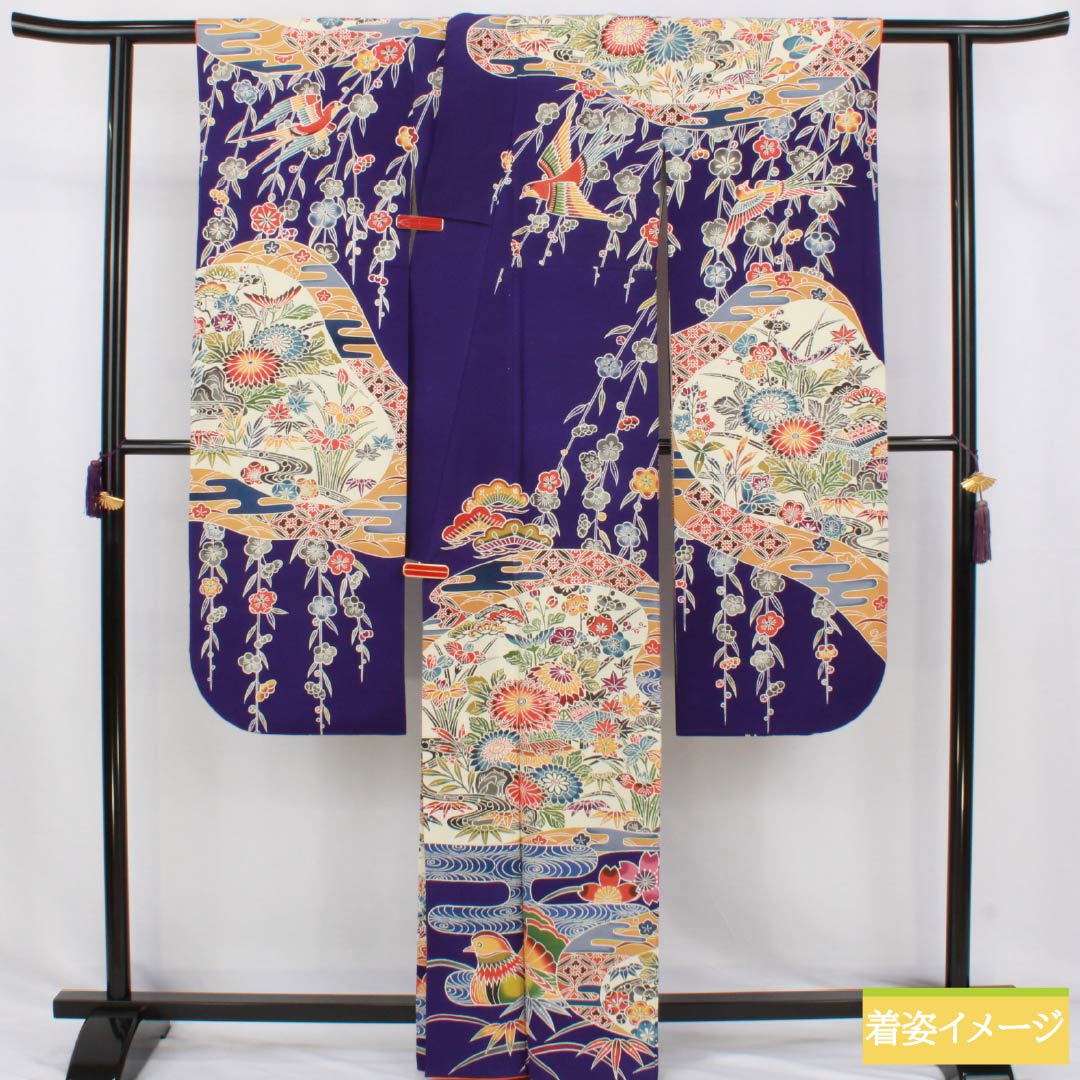 Furisodé Silk A Rank Length 163cm Sleeve-to-sleeve 64cm Lined Blue-purple Kyobingata Auspicious Patterns Mimasu Silk Care Blue Tone 1113002823417