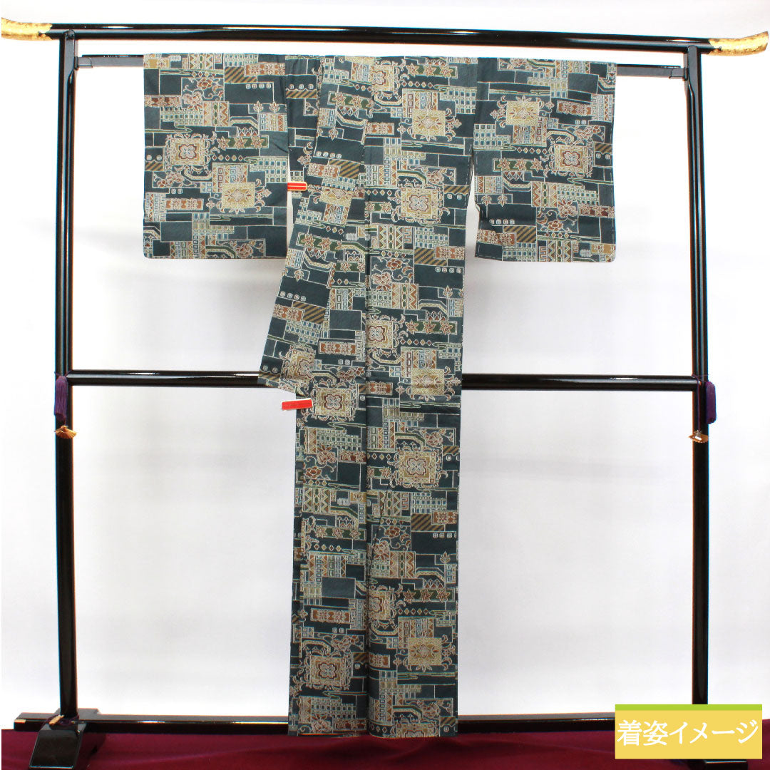 Komon, pure silk, length 156.5cm, sleeve length 65.5cm, lined, dark blue, tsumugi fabric, geometric pattern, with basting thread, S rank, blue, 1115003882317