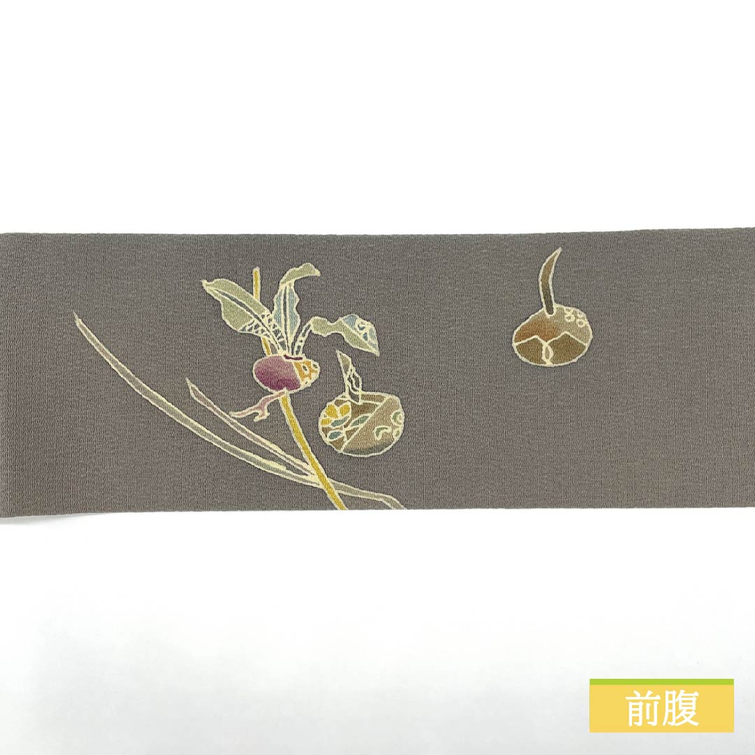 名古屋帯 灰色（はいいろ） ちりめん地 染め帯 野菜 帯丈374cm 正絹 Sランク ポイント柄 カジュアル グレー系 1124007572322 名古屋仕立て