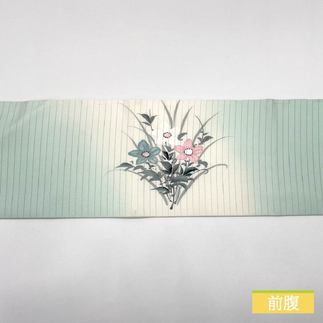 名古屋帯 正絹 薄浅葱色（うすあさぎいろ） 夏帯 作家物 染め帯 帯丈379cm Sランク ポイント柄 セミフォーマル 緑系 1124008552319 名古屋仕立て