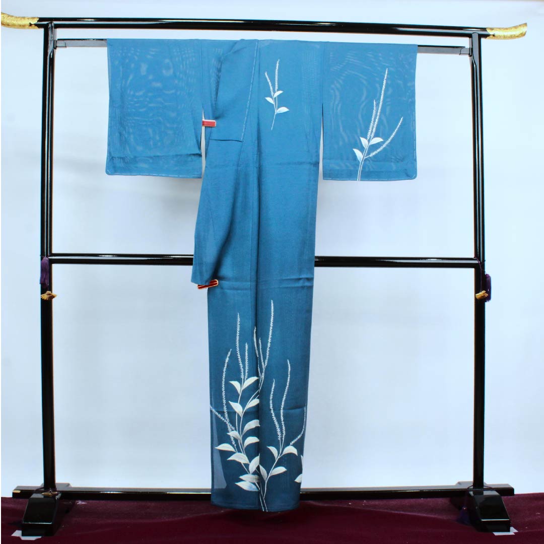 夏物 正絹 訪問着 身丈154.5cm 裄丈63.5cm 中縹色（なかのはなだいろ） 葉模様 しつけ付き 未使用品 絽 Aランク 青系 1132000353217