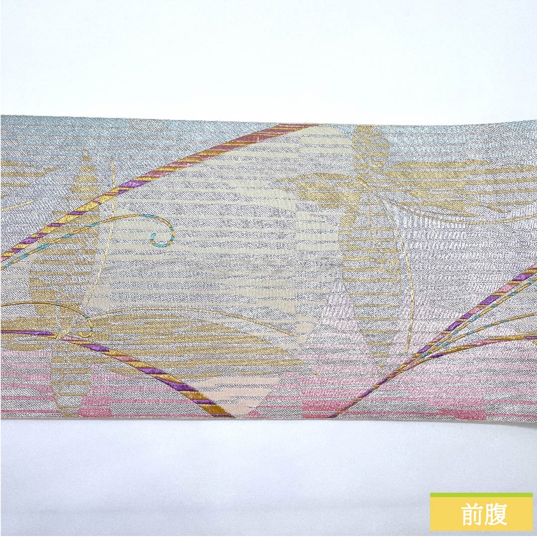 Silver-colored fukuro obi with butterfly pattern, obi length 428cm, pure silk, S rank, six-way, formal, silver-colored, 1123009962322