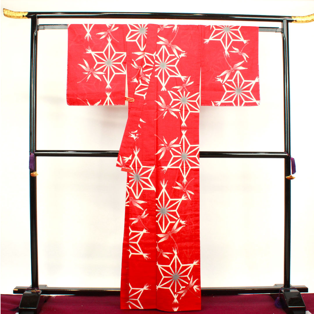 Yukata with basting thread, unused, western crimson, dragonfly, cotton, S rank, single layer, length 165cm, sleeve length 68cm, red, 1118002152512