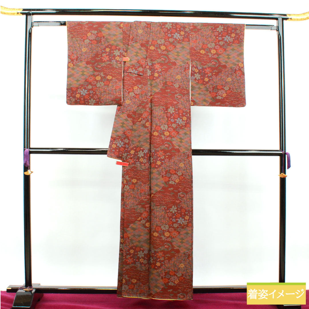 小紋 正絹 身丈157.5cm 裄丈63.5cm 袷  褐色 吉祥文様  Aランク 茶系 1115003583314