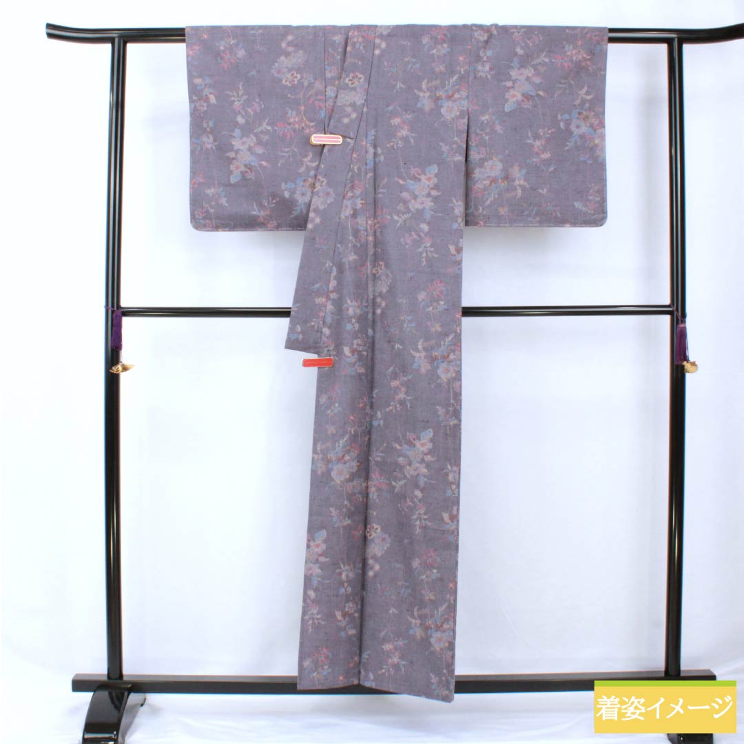 小紋 正絹 身丈157cm 裄丈63cm 単衣 相思鼠色（そうしねずいろ） 型染 紬地 草花模様 Sランク 紫系 1115005762320