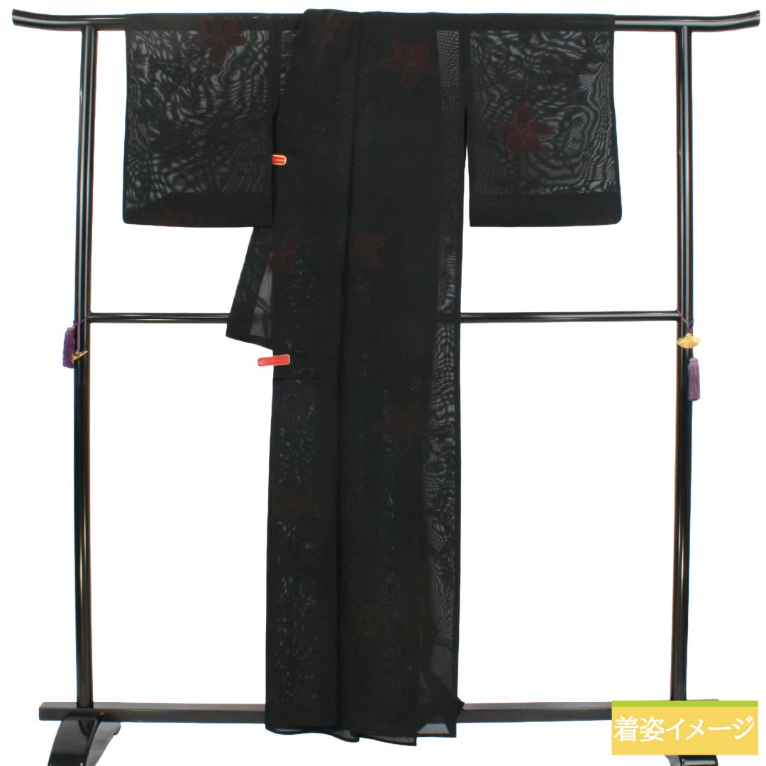 夏物 正絹 お召 Bランク 身丈158.5cm 裄丈65.5cm 草花模様 パールトーン加工 紗 黒系 1132004314310