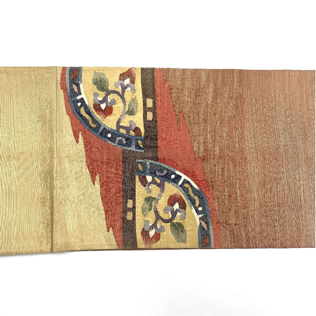 Fukuro obi, scoop weave, floral arabesque pattern, obi length 412cm, pure silk, A rank, point pattern, casual, brown, 1123004153314
