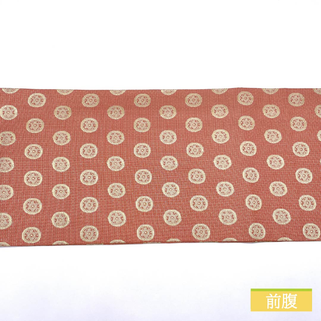 名古屋帯 紅唐色（べにとういろ） 作家物 龍村美術 糸屋輪宝手 帯丈358cm 正絹 Sランク 全通 セミフォーマル 朱系 1124008372316 開き仕立て