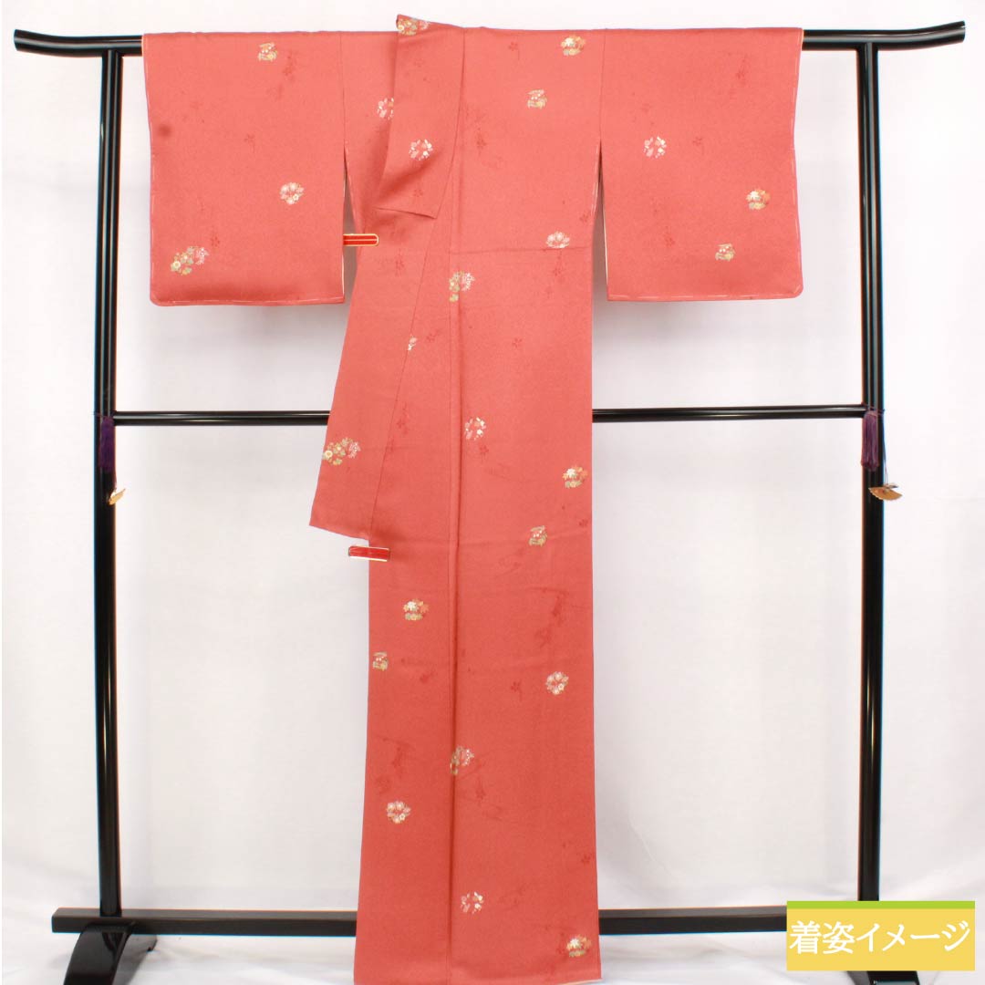 小紋 正絹 身丈163.5cm 裄丈66.5cm 袷 紅唐色（べにとういろ） 型染 花輪 Sランク 朱系 1115006072416