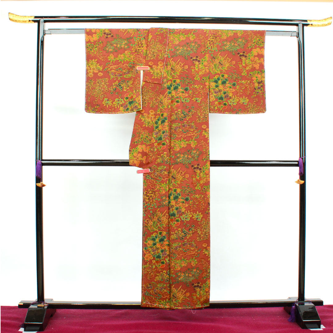 小紋 身丈154.5cm 裄丈61.5cm 袷  錆色 しつけ糸付き 草花模様  正絹 Aランク 茶系 1115003203214