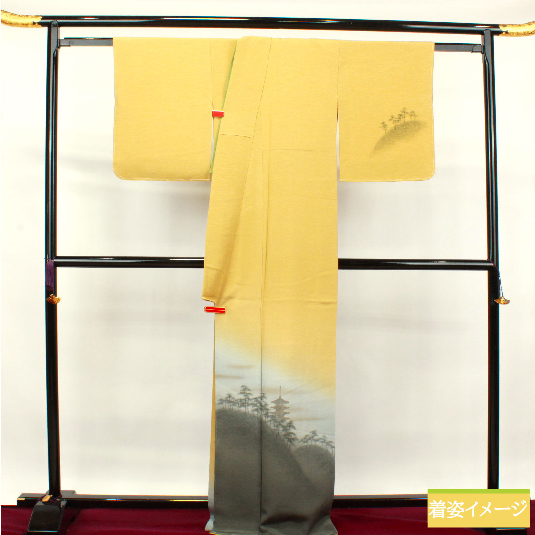 Homongi, pure silk, lined, length 167cm, sleeve length 64cm, plum color, landscape pattern, artist's work, basting thread included, unused, S rank, yellow, 1112003382523