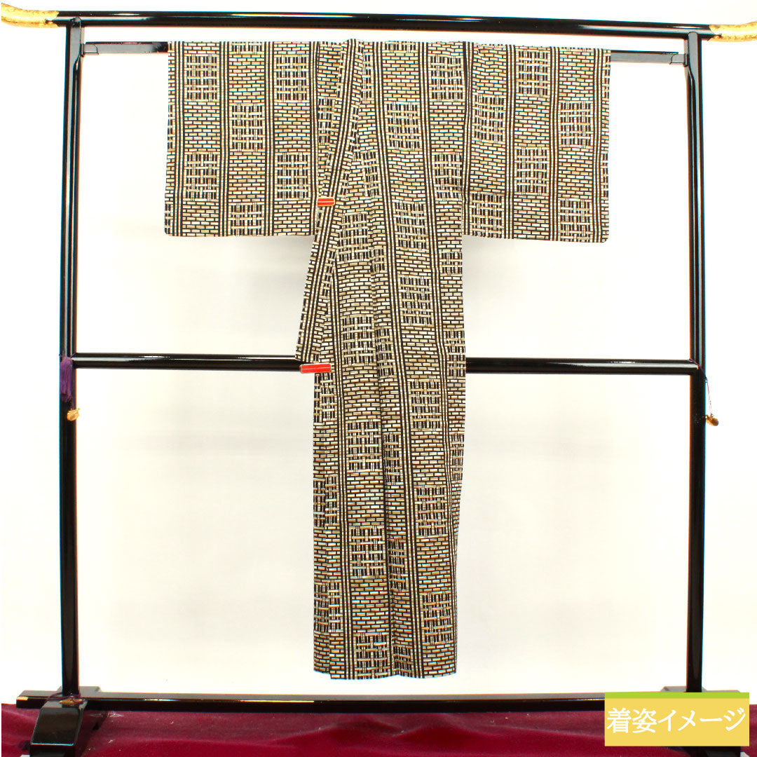 Men's Yukata Cotton, Length 147.5cm, Sleeve-to-shoulder 69cm, S Rank, Unlined, Beige, Tokyo Shiracha (Tokyo white tea color), Geometric pattern, Kansai Yamamoto 1118004942425
