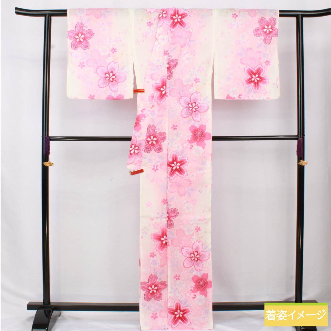 Cotton Yukata, Length 165.5cm, Sleeve Length 65cm, A Rank, Single Layer, Pink/Light Crimson (Asabe Niiro) with Cherry Blossom and Glitter Design, Product Number: 1118006123513