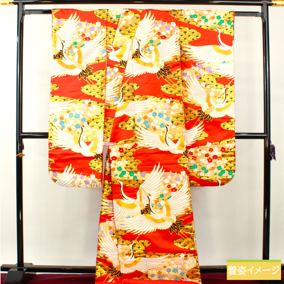 色打掛 正絹 身丈186cm 裄丈65cm 紅葉色（もみじいろ） 唐織 吉祥文様 鶴 松 梅 Aランク 袷 朱系 1110000813916