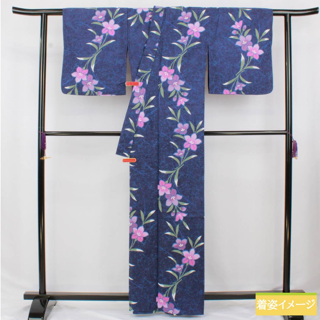 浴衣 木綿 身丈163cm 裄丈66cm Sランク 単衣 紺系 紺色（こんいろ） 竜胆 1118006432418