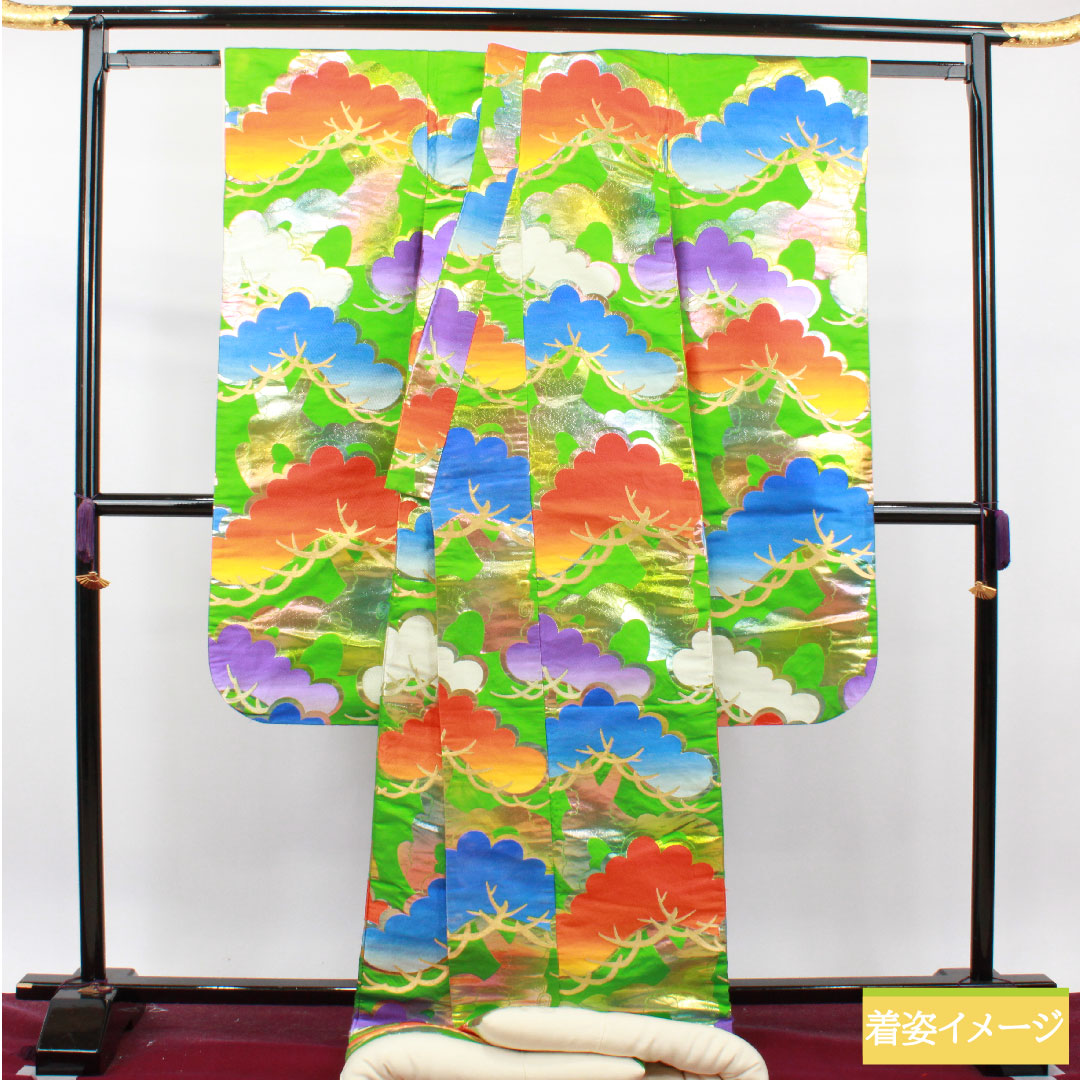 色打掛 正絹 身丈198cm 裄丈66.5cm  龍村謹製 桐箱入り 長襦袢セット 唐織 松 Aランク 袷 緑系 1110000613919