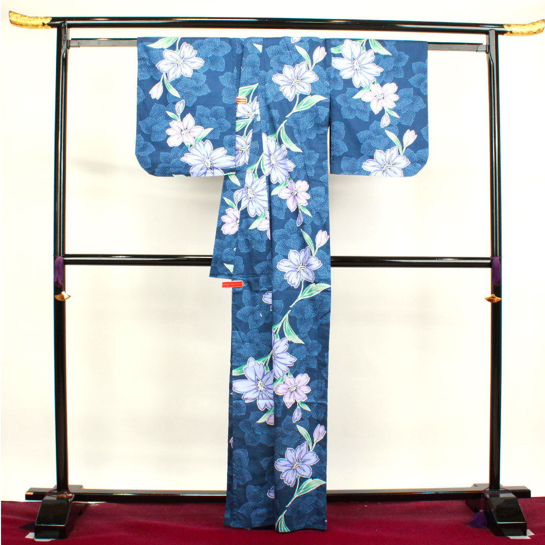 Yukata, Korean blue, azalea, cotton, S rank, single layer, length 165cm, sleeve length 66cm, navy blue, 1118003602518
