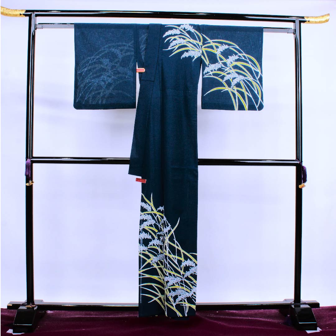 夏物 ポリエステル 訪問着 身丈159cm 裄丈66cm 鉄葡萄色（てつぶどういろ）稲穂 紗 Sランク 紺系 1132000092318